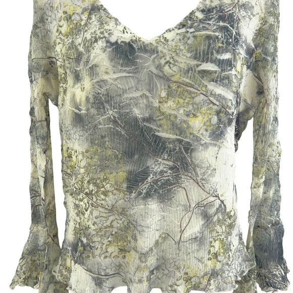Komarov Crinkle Floral Print Top Size L v-Neck Long Sleeve Green Yellow Layered - Picture 3 of 12